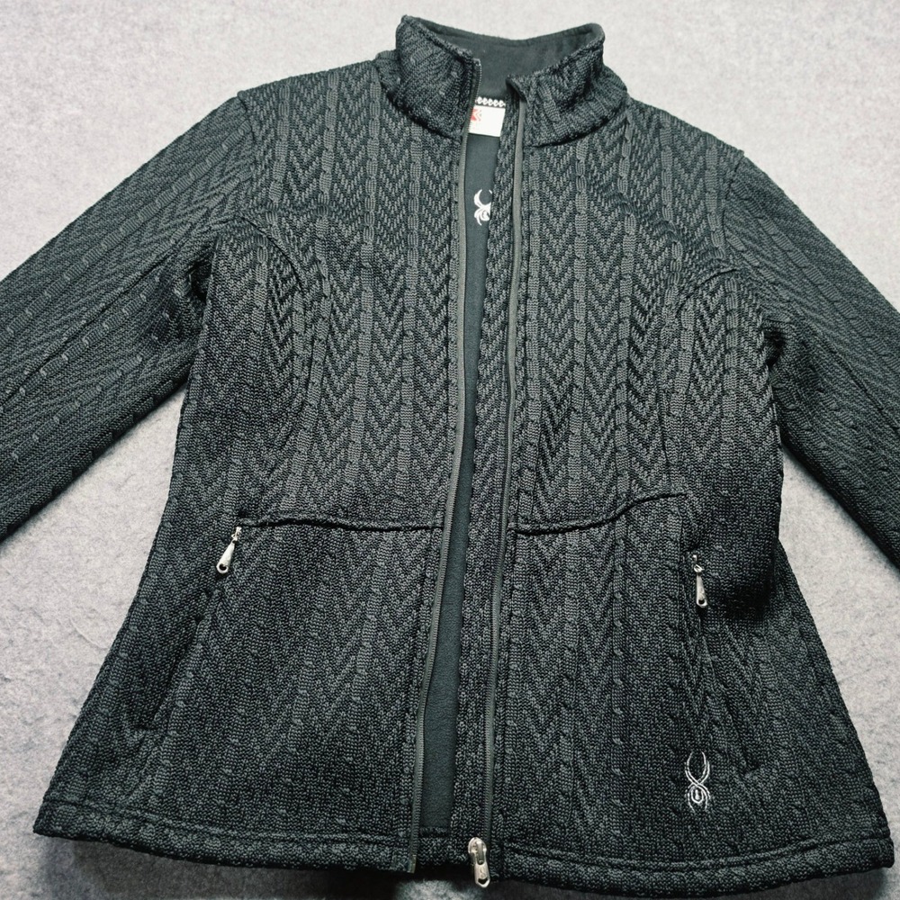 Spyder Women Full Zip Jacket Charcoal Black Chevron Cable Knit Mock Neck Sweater